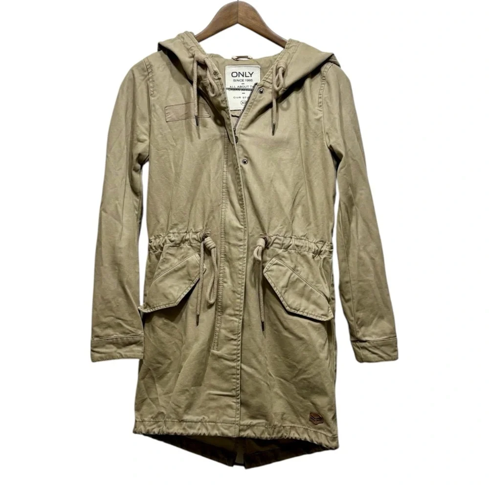 Only Tan Hooded Utility Anorak Jacket Zip Front Drawstring Waist XS - Picture 10 of 10